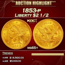1853-p Gold Liberty Quarter Eagle $2 1/2 ms65+ SEGS