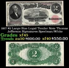 1917 $2 Large Size Legal Tender Note Thomas Jefferson Grades xf+ Signatures Speelman/White