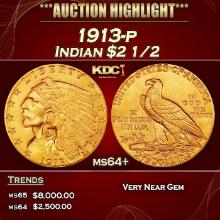 1913-p Gold Indian Quarter Eagle $2 1/2 ms64+ SEGS