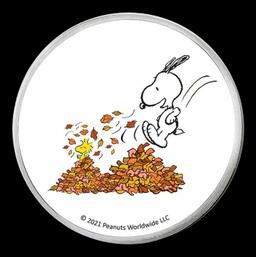 Snoopy & Woodstock Leaf Pile Peanuts Colorized Style - 1 oz Silver Round Round