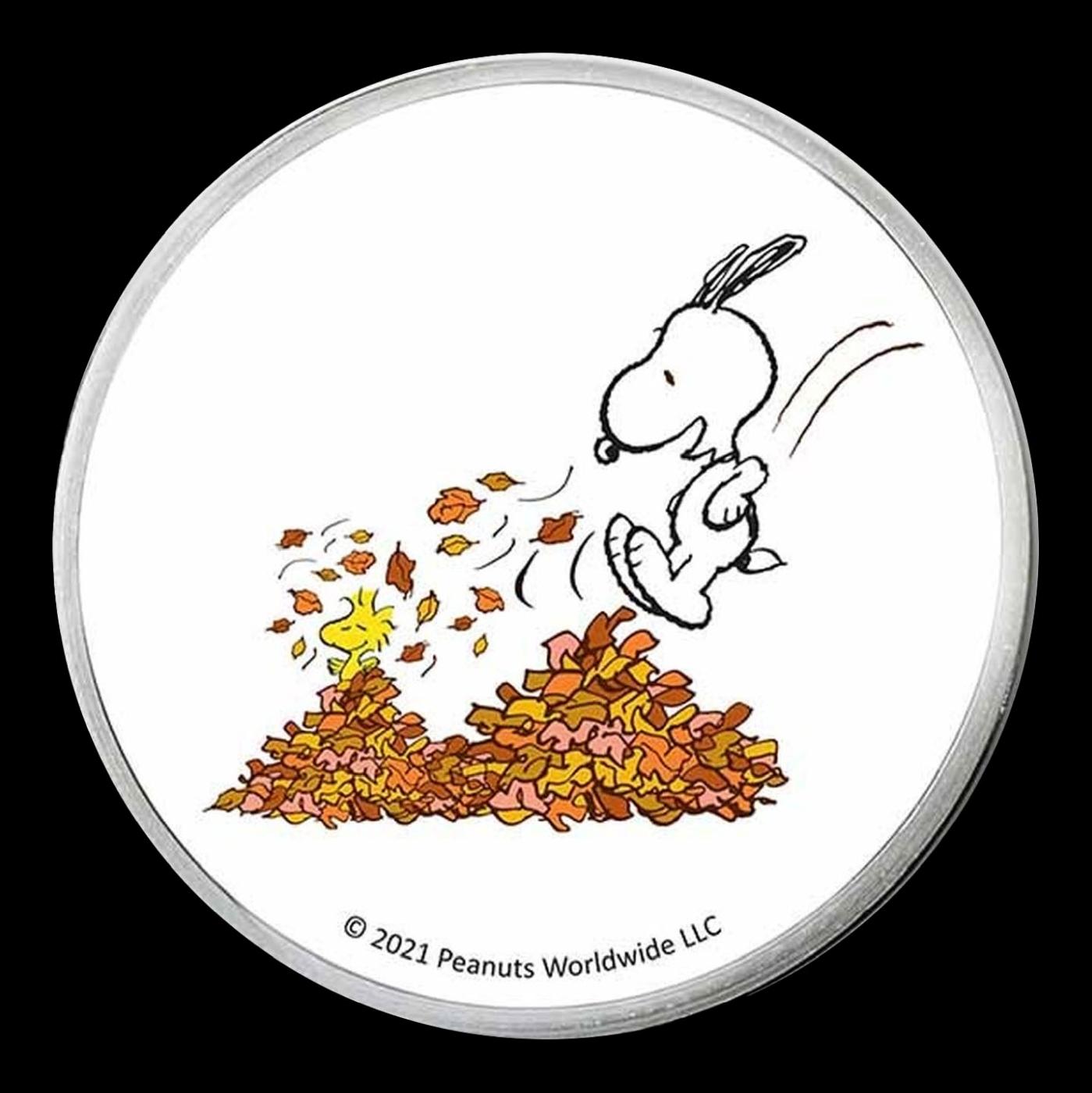 Snoopy & Woodstock Leaf Pile Peanuts Colorized Style - 1 oz Silver Round Round