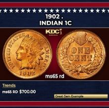 1902 Indian Cent . 1c Grades ms65 rd