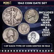1943 5 Coin Date Set, 1 Of Each Type Of Coin Minted in 1943