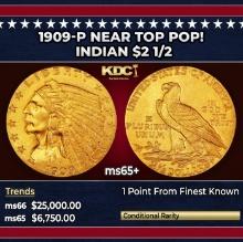 1909-p Gold Indian Quarter Eagle Near Top Pop! $2 1/2 ms65+ SEGS