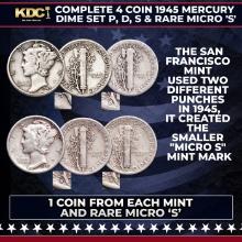 Complete 4 Coin 1945 Mercury Dime Set P, D, S & Rare Micro 'S'