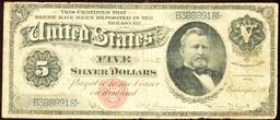 1886 $5 Large Size Silver Certificate Morgan Dollar Rev President Grant Grades vf+ FR-260