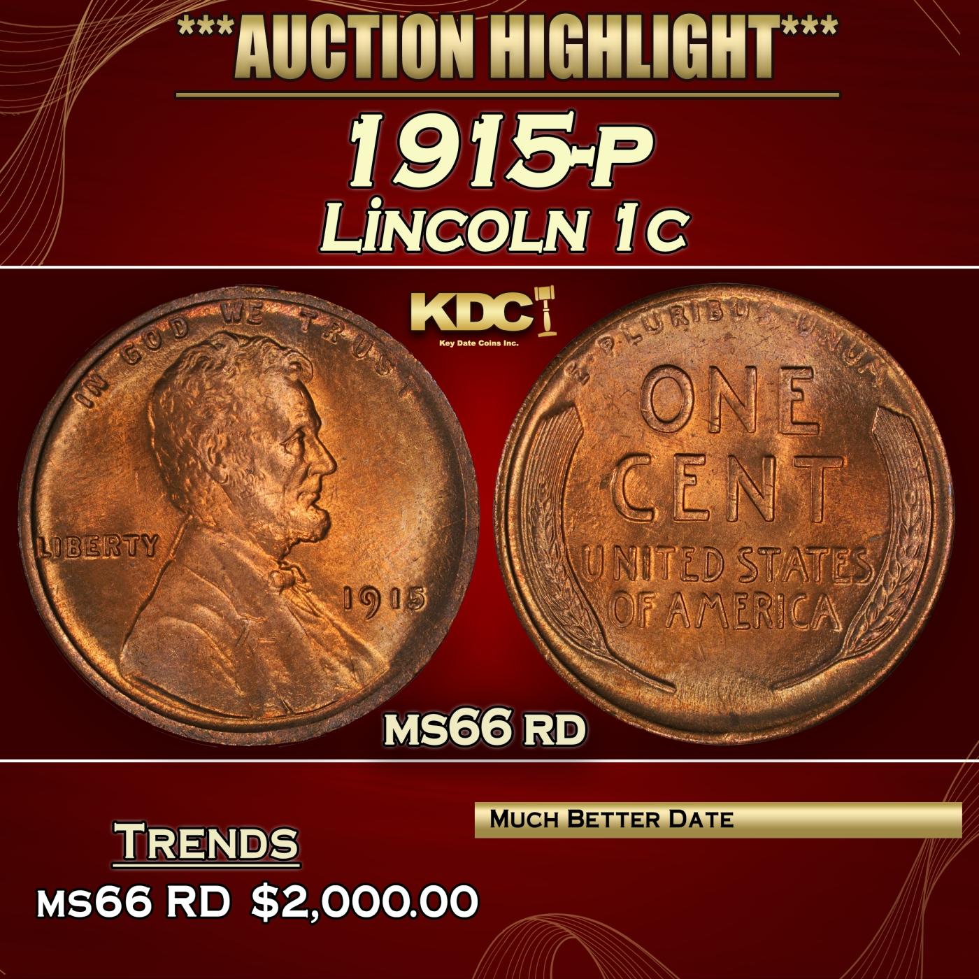 1915-p Lincoln Cent 1c ms66 rd SEGS