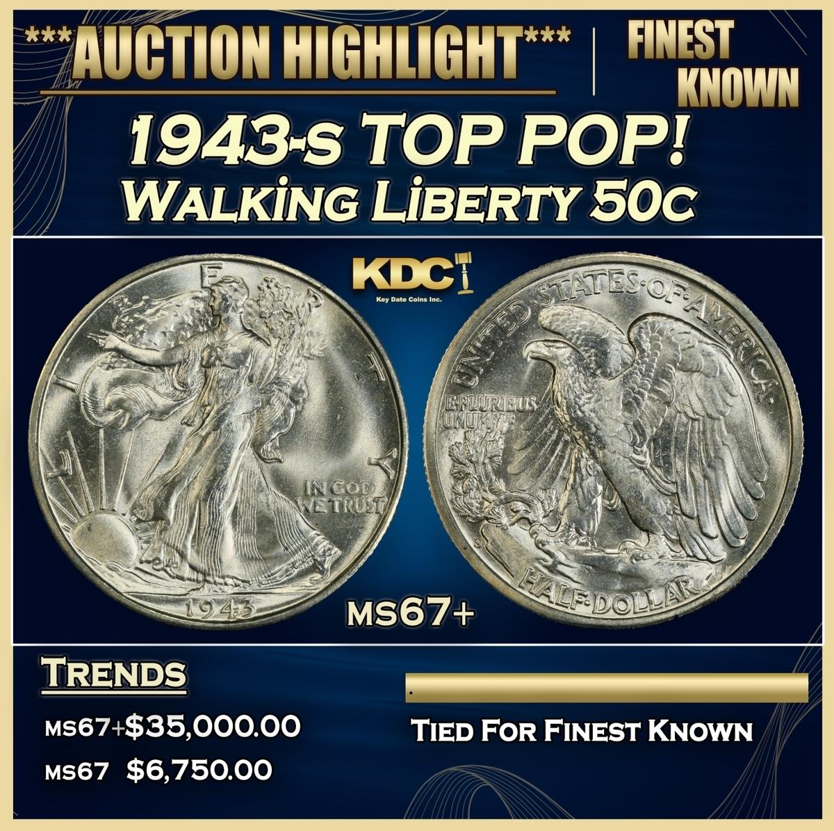 1943-s Walking Liberty Half Dollar TOP POP! 50c ms67+ SEGS
