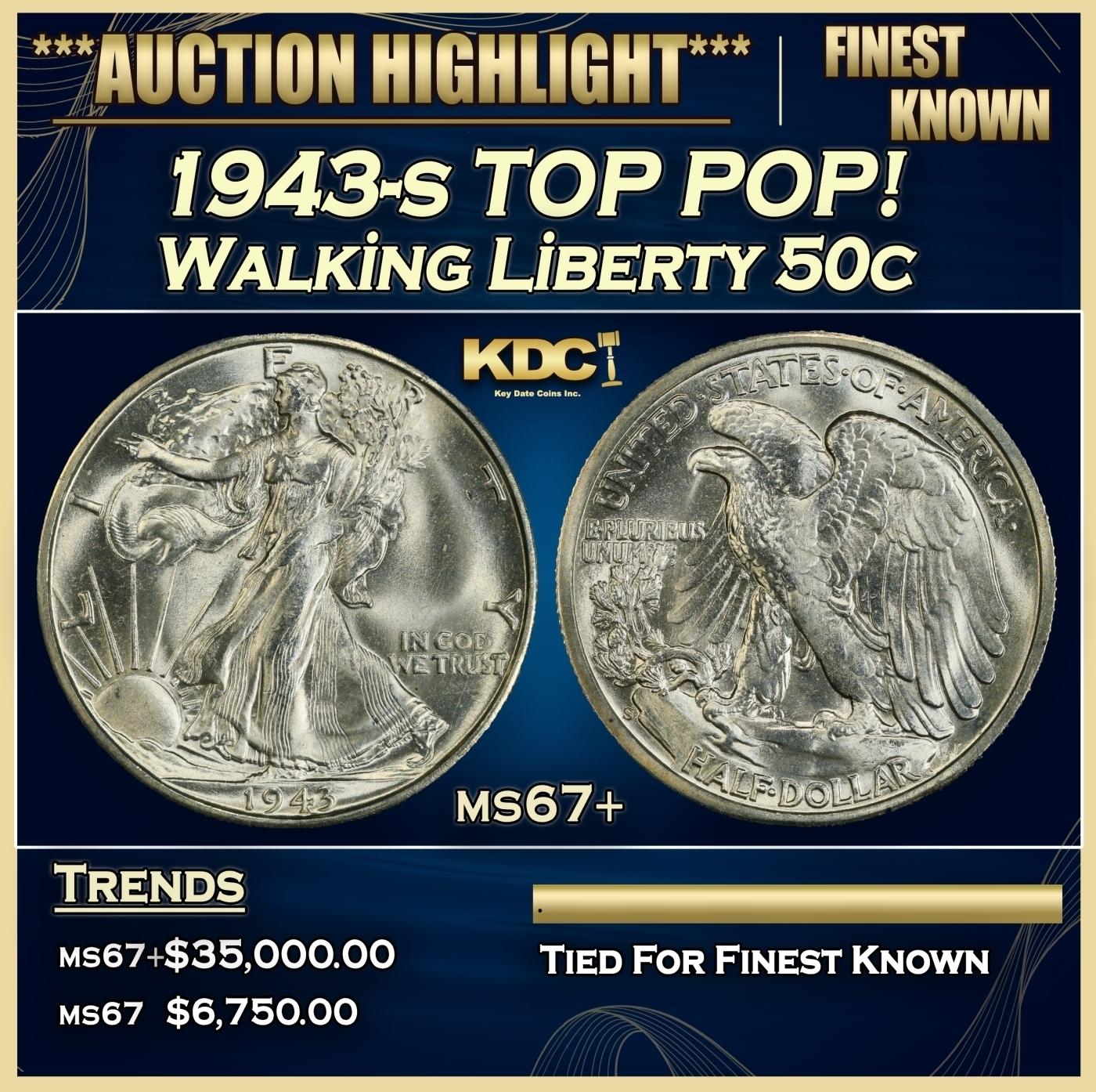 1943-s Walking Liberty Half Dollar TOP POP! 50c ms67+ SEGS