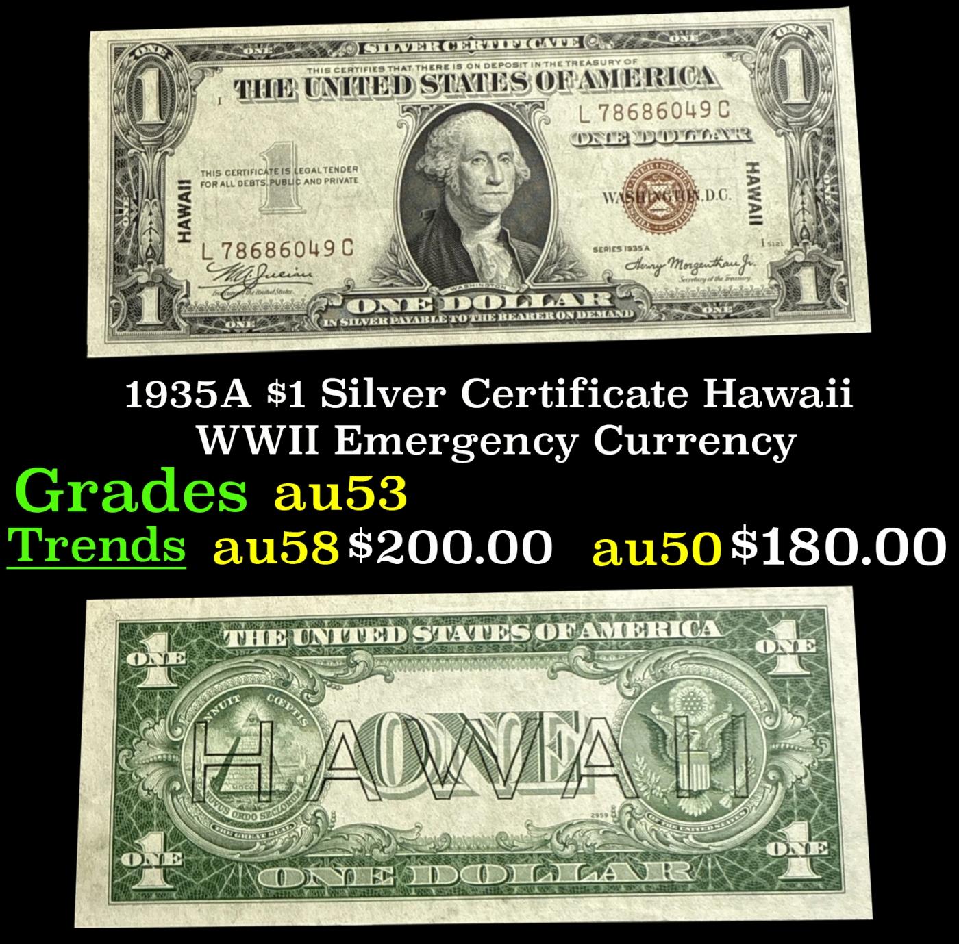 1935A $1 Silver Certificate Hawaii WWII Emergency Currency Grades Select AU