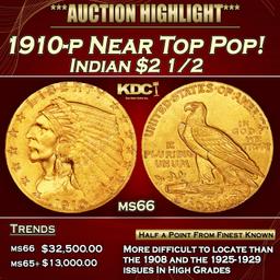 1910-p Gold Indian Quarter Eagle Near Top Pop! $2 1/2 ms66 USCG