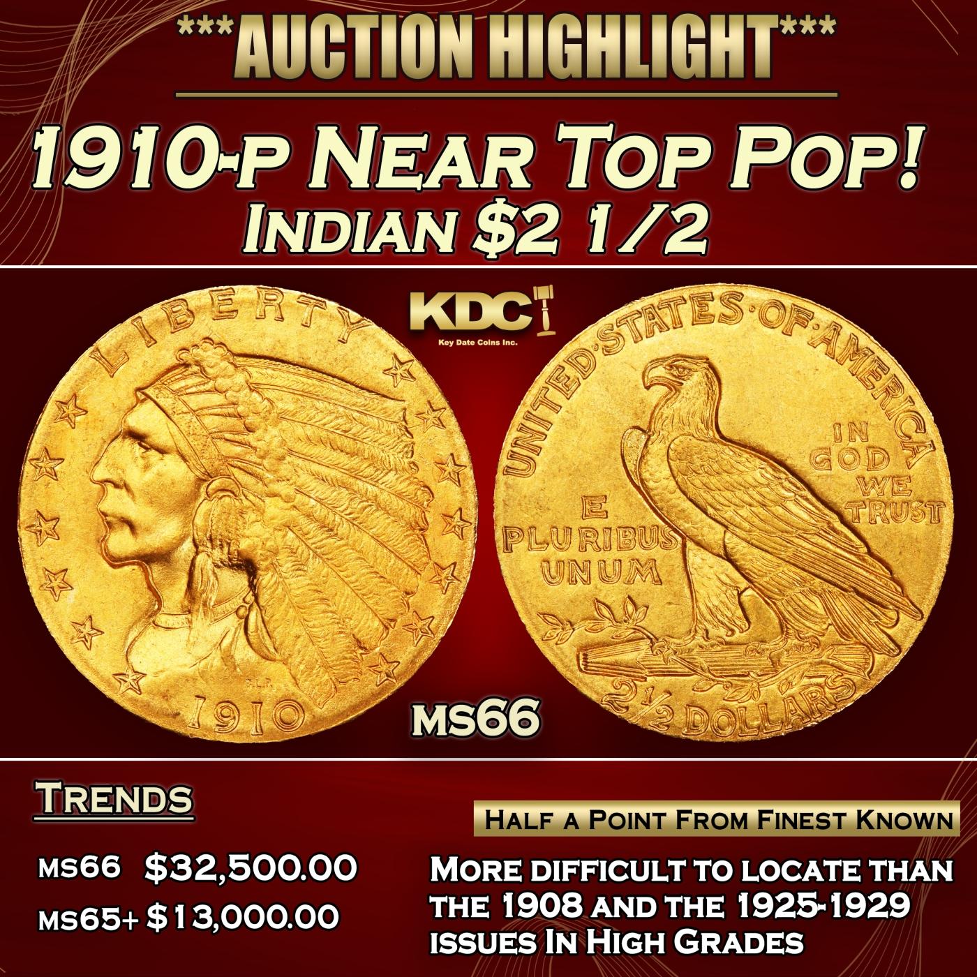 1910-p Gold Indian Quarter Eagle Near Top Pop! $2 1/2 ms66 USCG