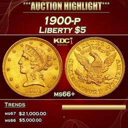 1900-p Gold Liberty Half Eagle $5 ms66+ SEGS