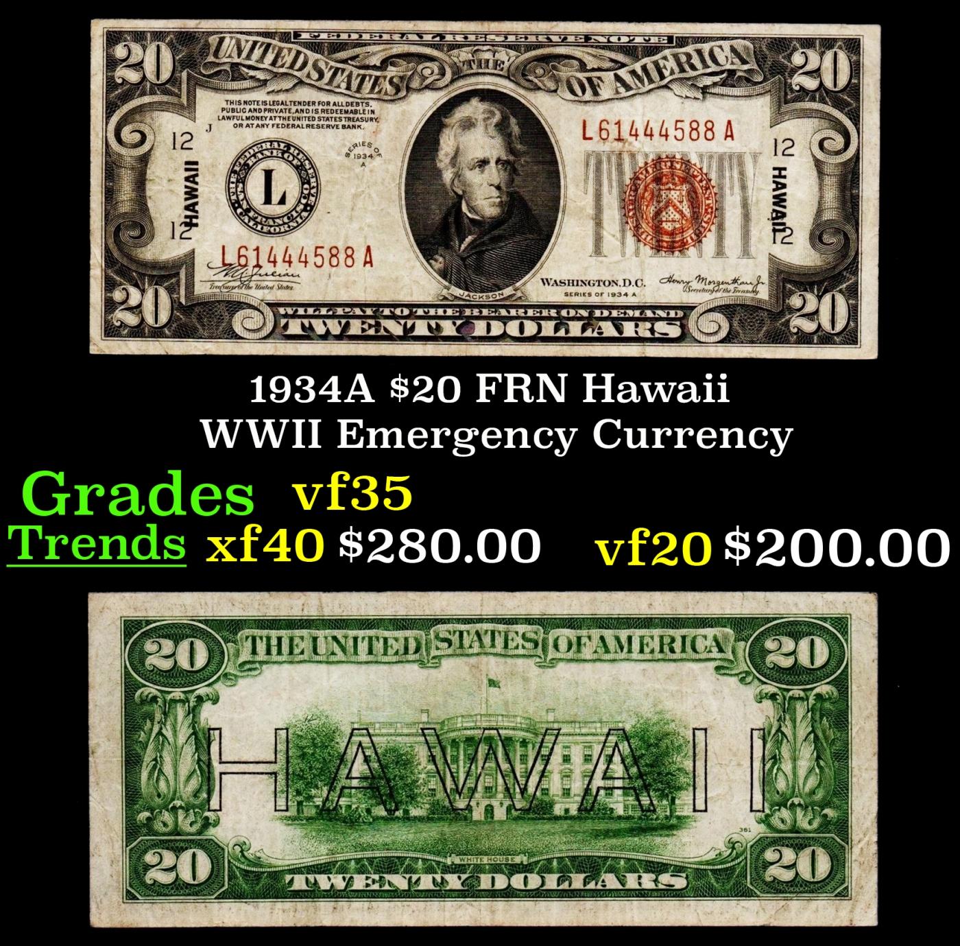 1934A $20 FRN Hawaii WWII Emergency Currency Grades vf++