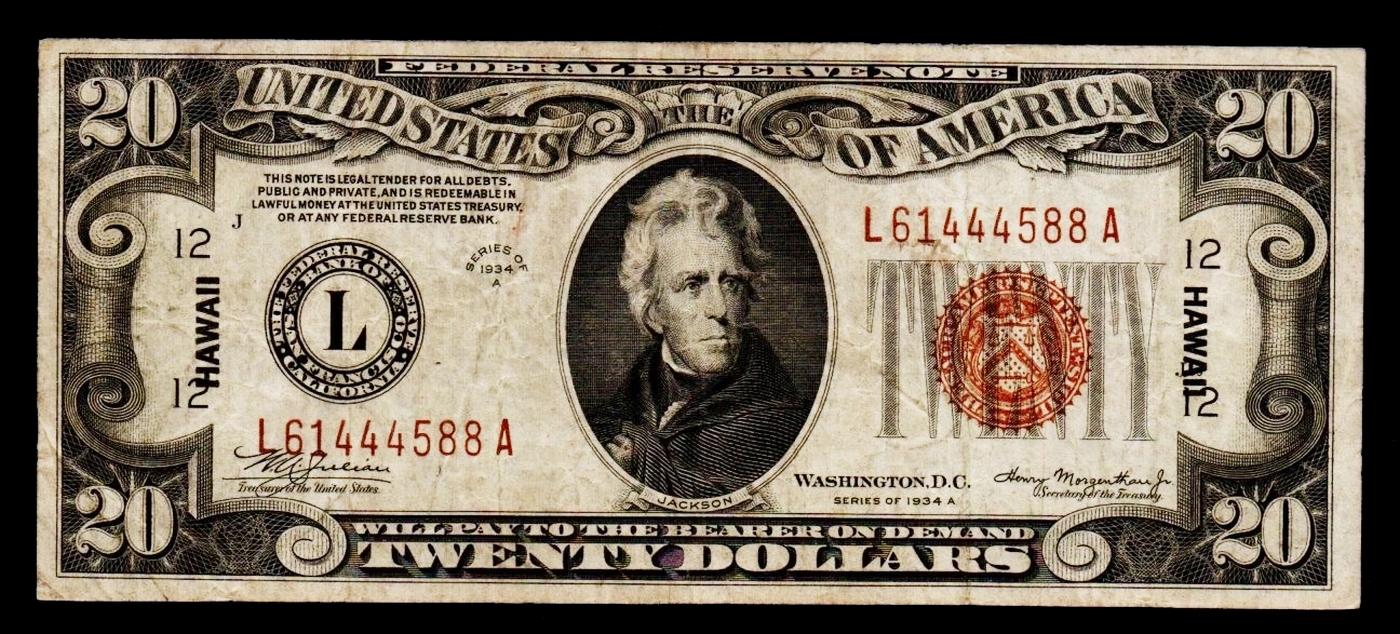 1934A $20 FRN Hawaii WWII Emergency Currency Grades vf++