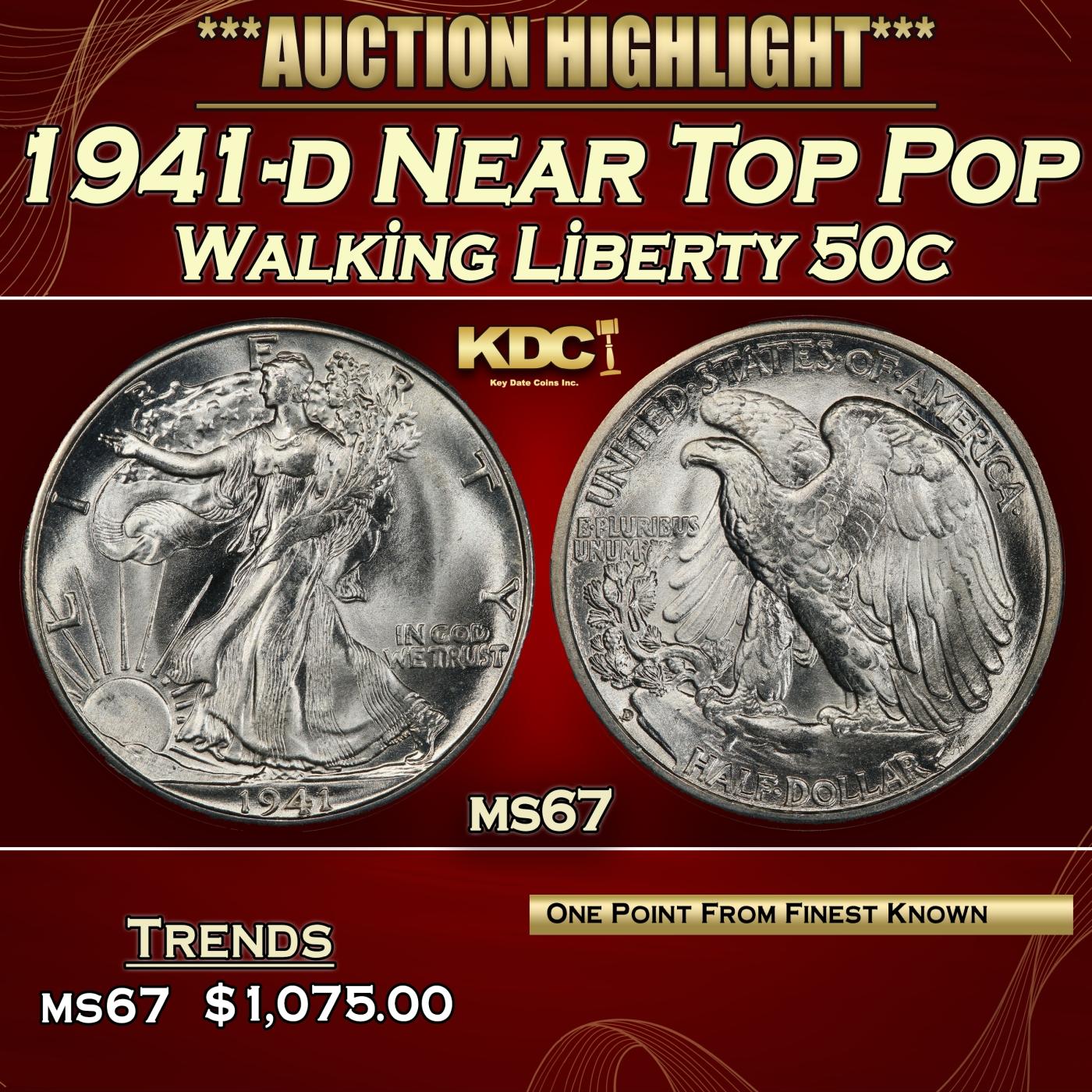 1941-d Walking Liberty Half Dollar Near Top Pop 50c ms67 SEGS