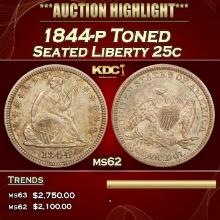 1844-p Seated Liberty Quarter Toned 25c ms62 USCG