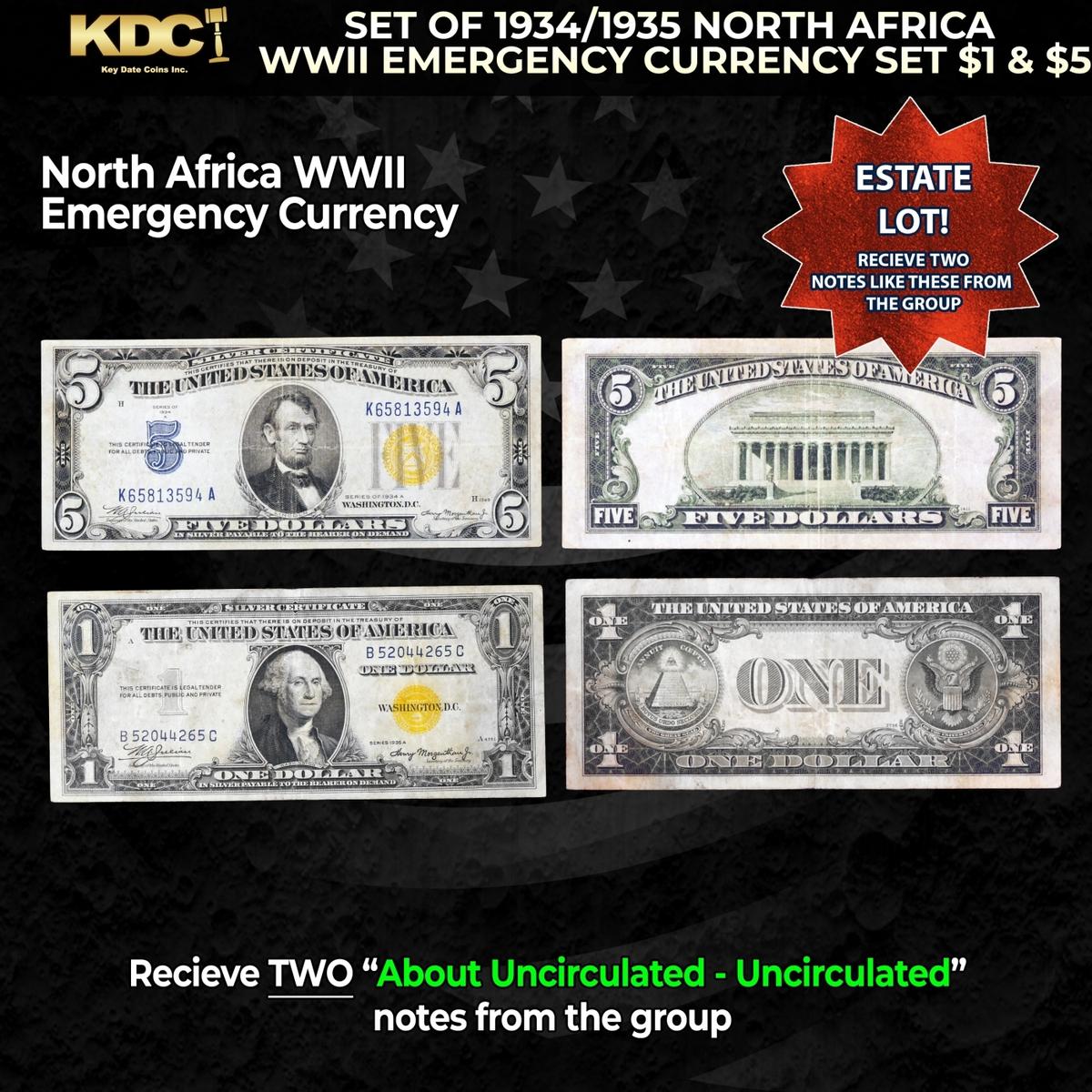 Set of 1934/1935 North Africa WWII Emergency Currency Set $1 & $5 Grades AU/CU