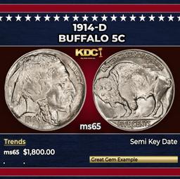 1914-d Buffalo Nickel 5c ms65 SEGS