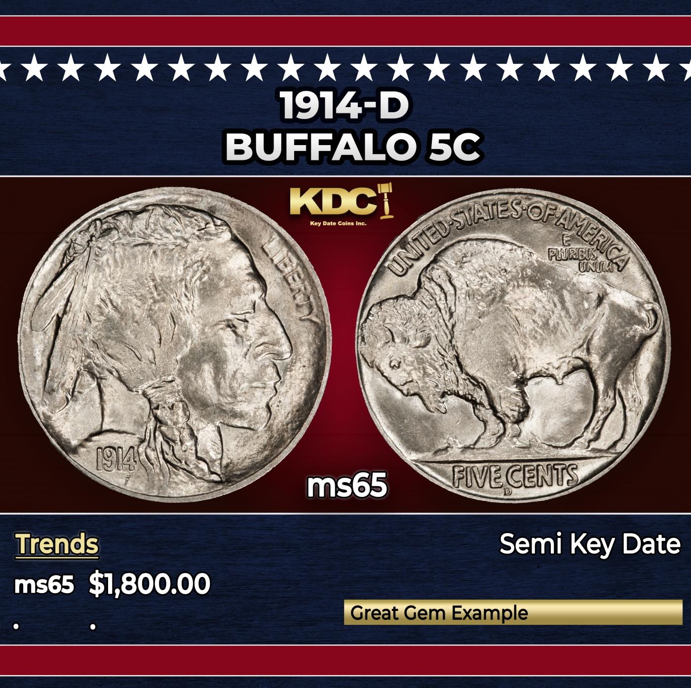 1914-d Buffalo Nickel 5c ms65 SEGS