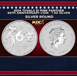 2024 Tuvalu $1 Pink Panther 60th Anniversary Coin - 1 oz Silver Round Round