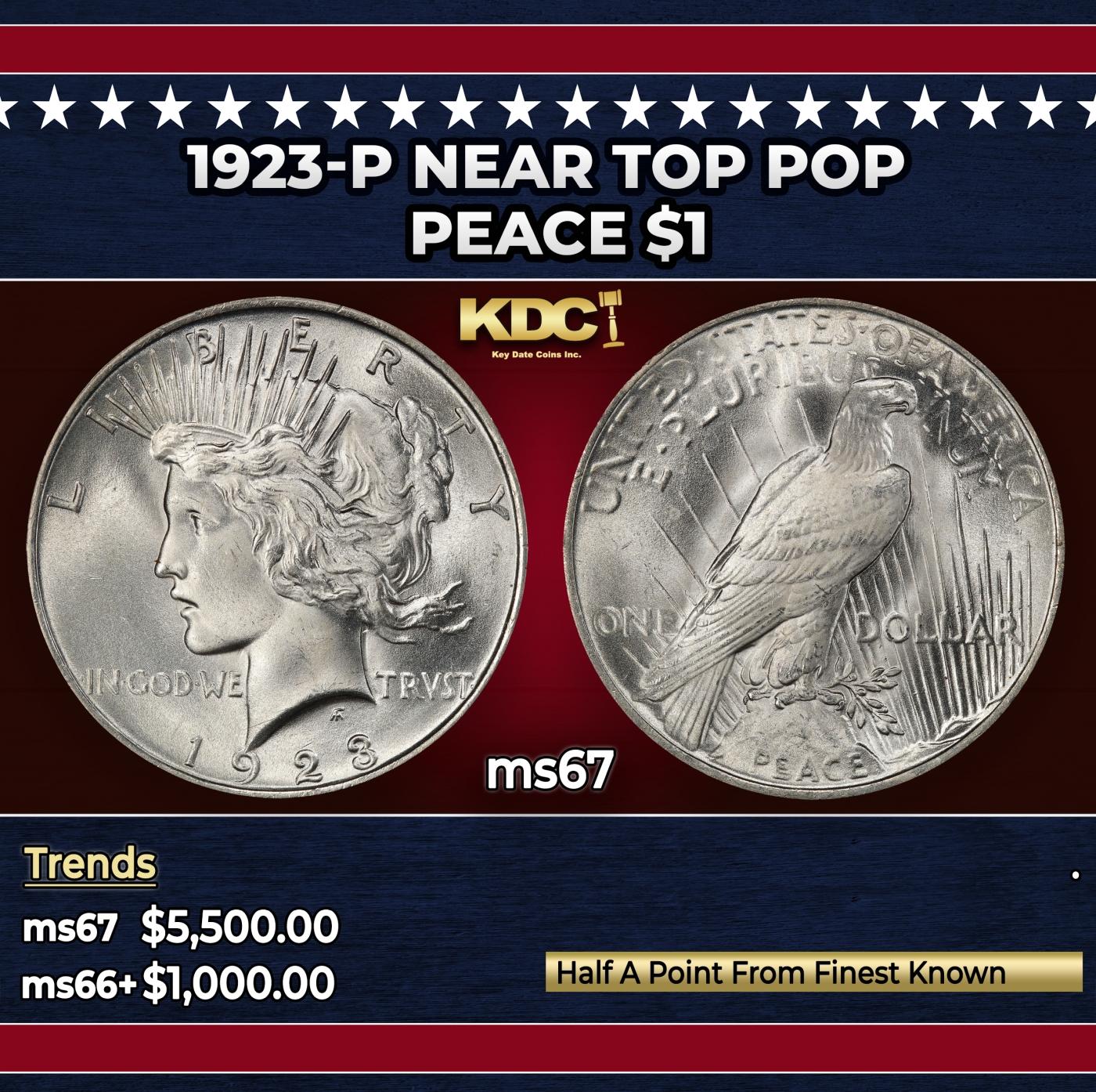 1923-p Peace Dollar Near Top Pop $1 ms67 SEGS