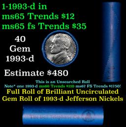 BU Shotgun Jefferson 5c roll, 1993-d 40 pcs Bank $2 Nickel Wrapper