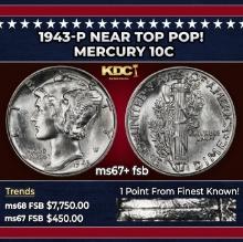 1943-p Mercury Dime Near Top Pop! 10c ms67+ fsb SEGS