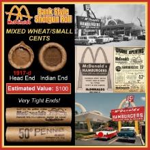 Lincoln Wheat Cent 1c Mixed Roll Orig Brandt McDonalds Wrapper, 1917-d end, Indian other end