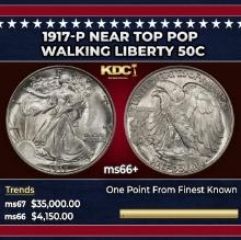 1917-p Walking Liberty Half Dollar Near Top Pop 50c ms66+ SEGS