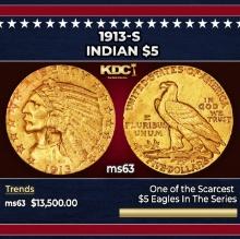1913-s Gold Indian Half Eagle $5 ms63 USCG
