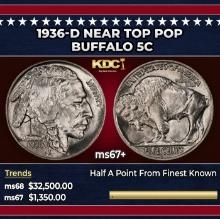 1936-d Buffalo Nickel Near Top Pop 5c ms67+ SEGS