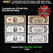 Complete Set Of Small Size Red Seal $2 United States Notes 1928, 1953, & 1963 Grades VF/XF