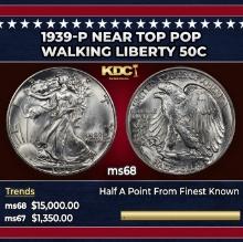 1939-p Walking Liberty Half Dollar Near Top Pop 50c ms68 SEGS