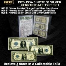 1923-1934 3 Note $1 Silver Cerrtificate Type Set 1923 "Horse Blanket", 1928 "Funny Back", 1934 "Funn