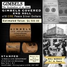 AE- Rare A+ Level GIMBLES 10 Coin Peace Circ Dollar $1 Roll