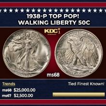 1938-p Walking Liberty Half Dollar TOP POP! 50c ms68 SEGS