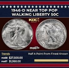 1946-d Walking Liberty Half Dollar Near Top Pop 50c ms67+ SEGS