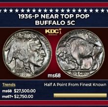 1936-p Buffalo Nickel Near Top Pop 5c ms68 SEGS