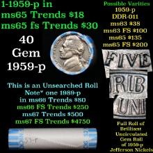 BU Shotgun Jefferson 5c roll, 1959-p 40 pcs Bank $2 Nickel Wrapper