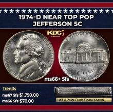 1974-d Jefferson Nickel Near Top Pop 5c ms66+ 5fs SEGS