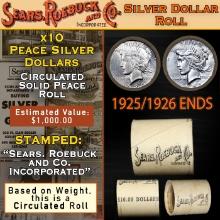 OO- Circulated 10 Coin SEARS Peace Silver Dollar $1 Roll 1925/1926 Ends