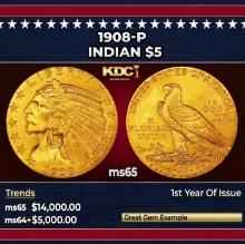1908-p Gold Indian Half Eagle $5 ms65 USCG
