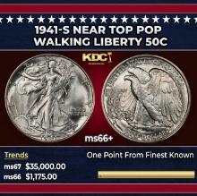 1941-s Walking Liberty Half Dollar Near Top Pop 50c ms66+ SEGS