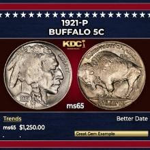 1921-p Buffalo Nickel 5c ms65 SEGS