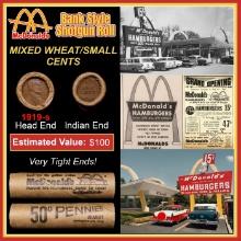 Lincoln Wheat Cent 1c Mixed Roll Orig Brandt McDonalds Wrapper, 1919-s end, Indian other end