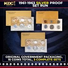 1961, 1962 & 1963 Silver Proof Sets 15 Coins In Original Government Packaging Manilla Envelope