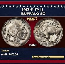 1913-p Ty II Buffalo Nickel 5c Grades ms65
