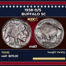1938-d/s Buffalo Nickel 5c ms67 SEGS