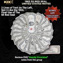 5x 1963 $5 Red Seal United States Note Heavily Circulated